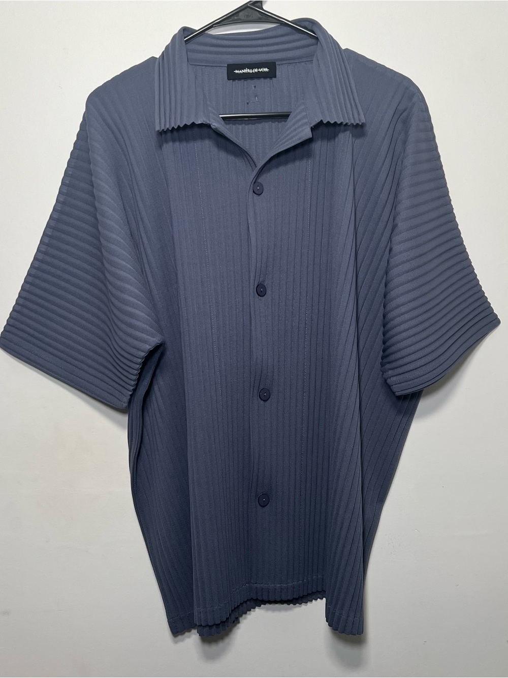 Manière De Voir Men Pleated Short Sleeve Button Up Shirt Blue Lagenlook Textured - Picture 4 of 15